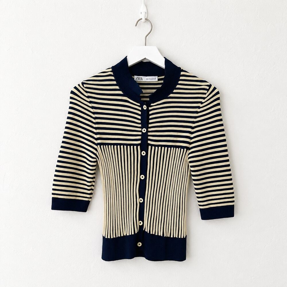 Zara Striped Short Sleeve Knit Cardigan Navy Cream Polo Collar Size L Preppy